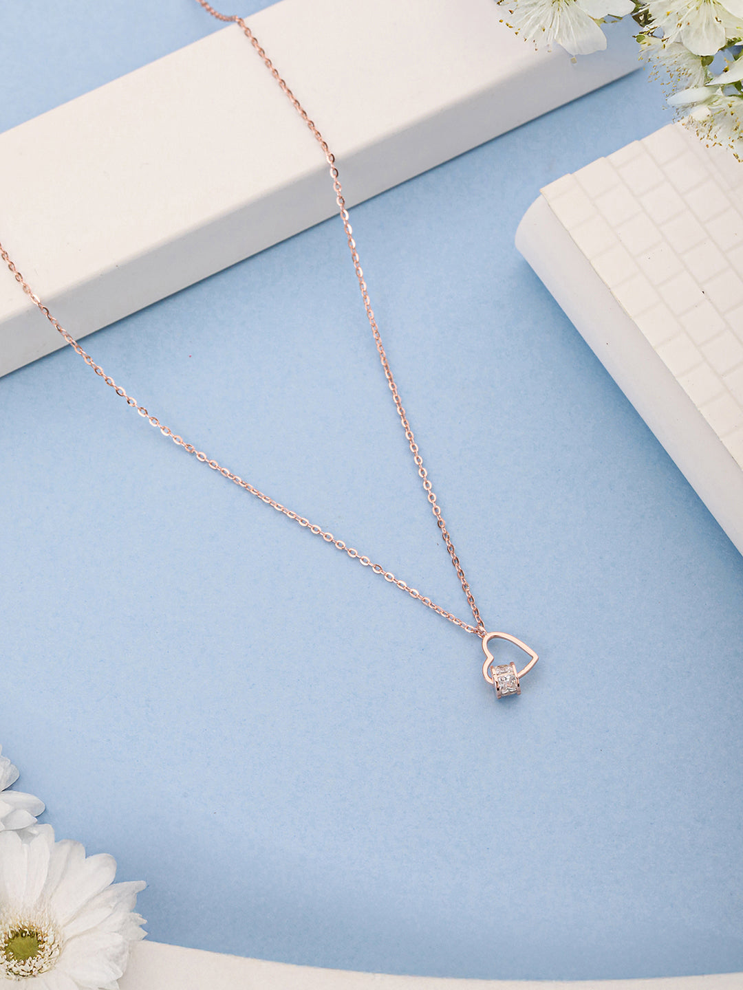 925 Sterling Silver CZ Studded Heart Shaped Minimal Pendant Necklace & Chain